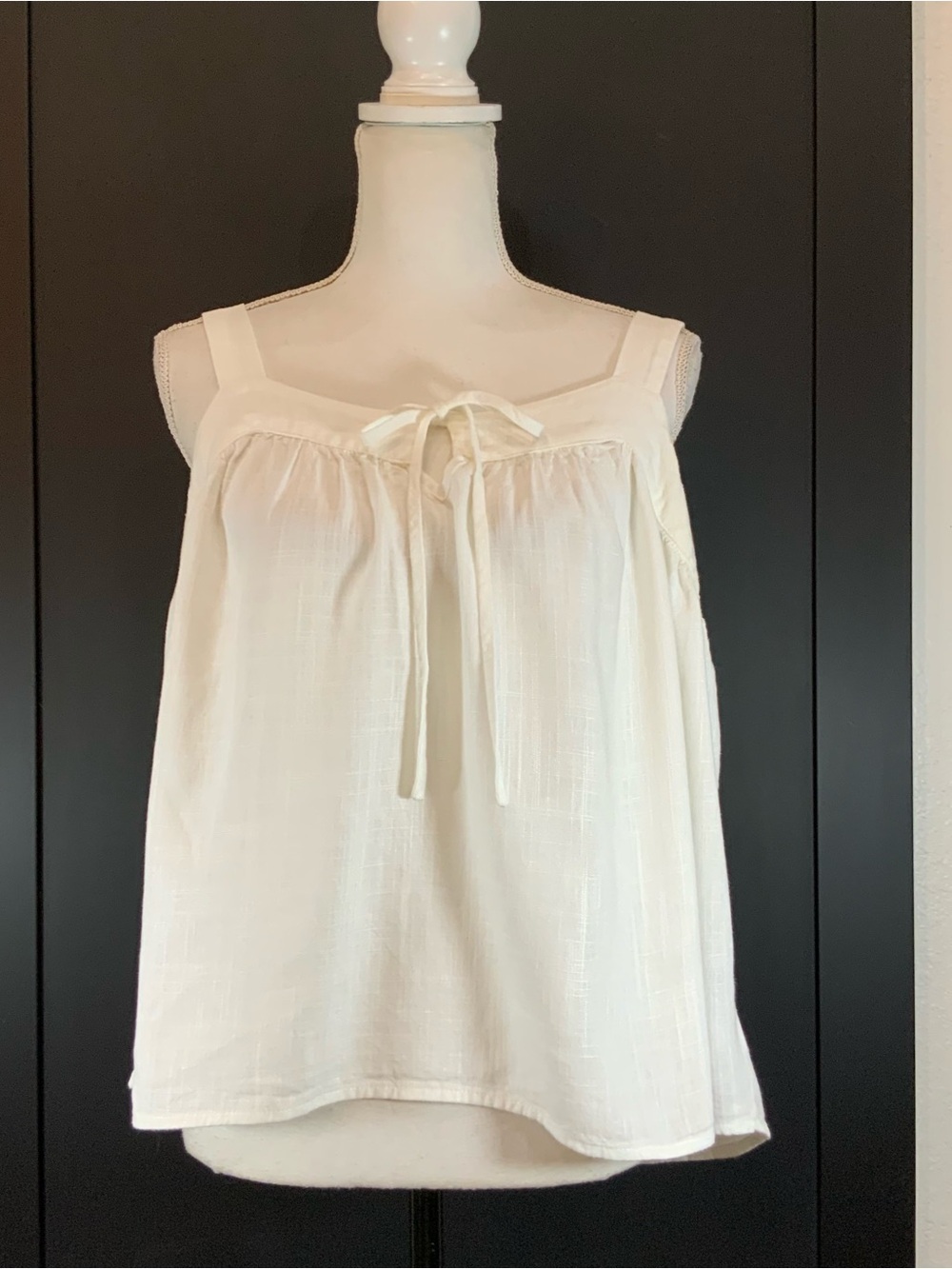 Boho Linen Blend Square Neck Tie-Detail Sleeveless Blouse - Off-White, L